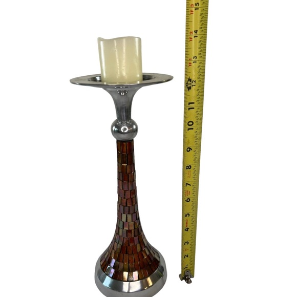 Set of 3 Art Deco Mantle Home Décor Red Glaze Pottery Mosaic Glass Candle Holder - Picture 7 of 15